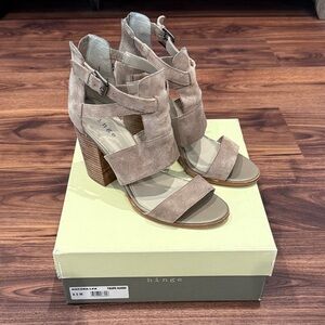 Hinge Taupe Suede Block Heel Sandals